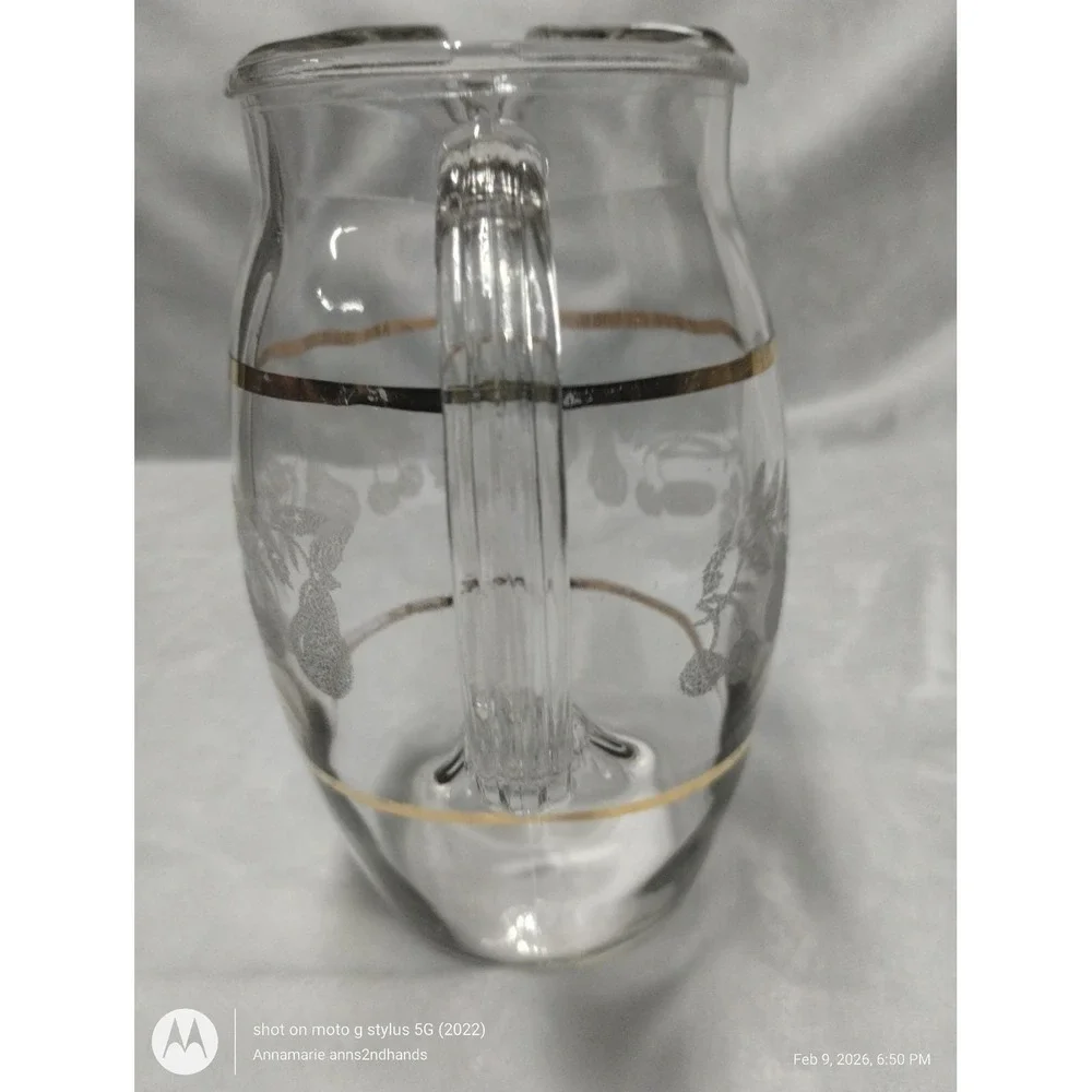 Mid Century Etched Glass Water Pitcher Gold Band Fruit Design‎
